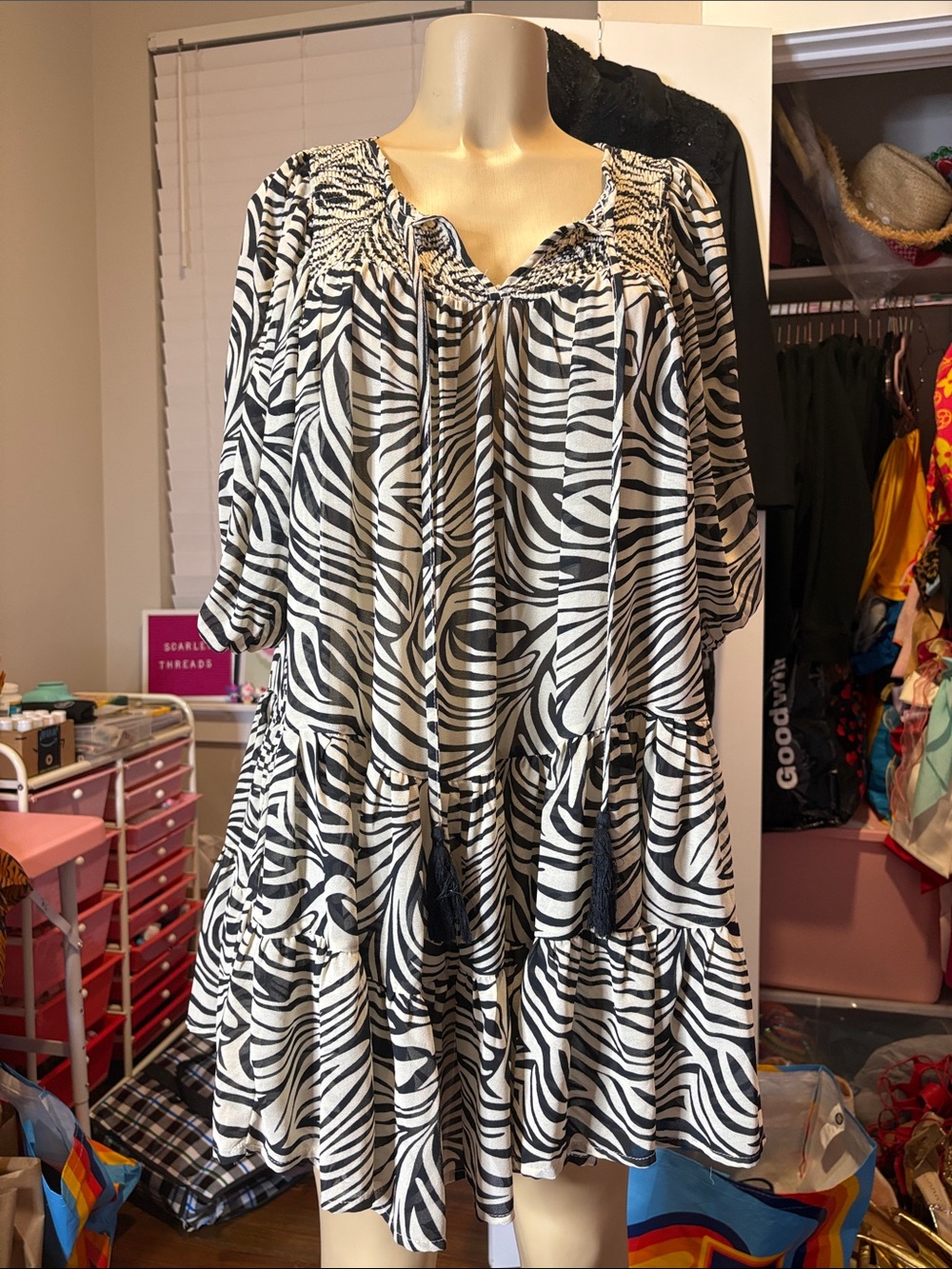 Crescent Black & White Zebra Print Smocked Mini Dress